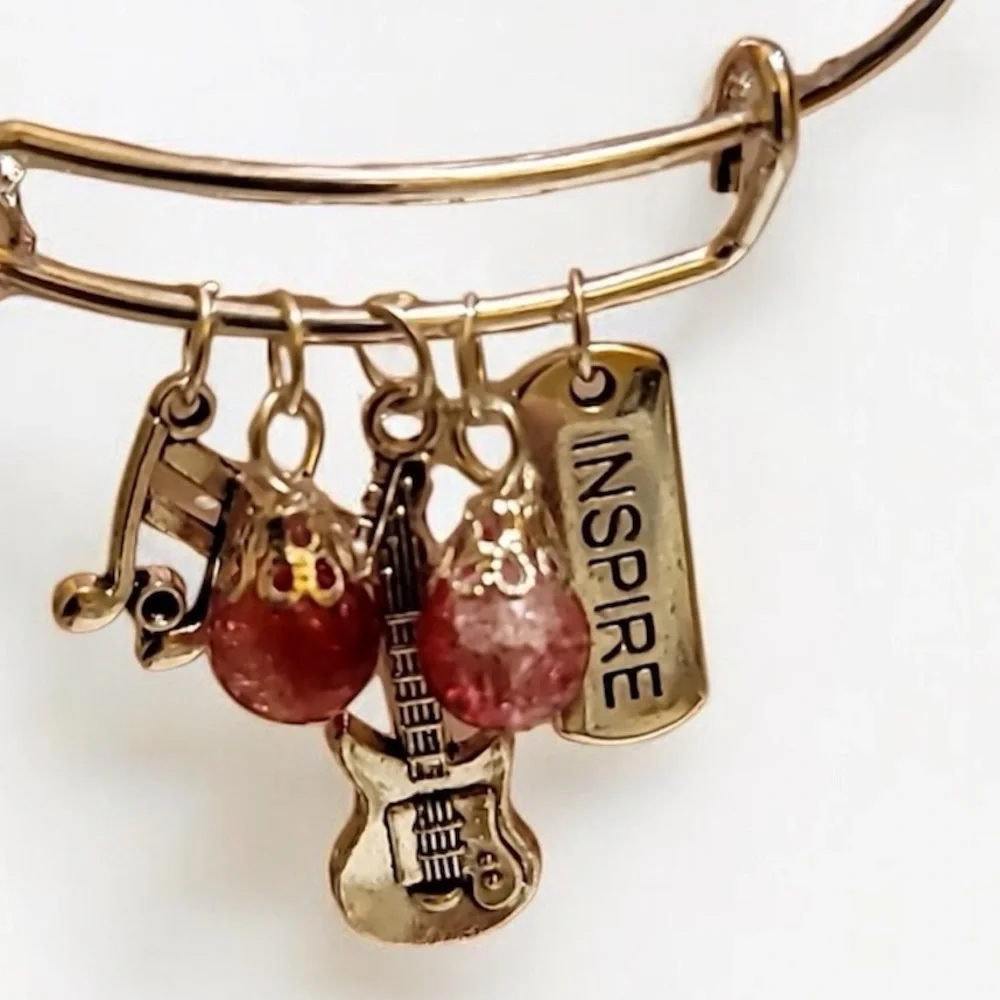 Elegant Charm Bracelet Guitar musical note charms and Red Accent beads NEW NWT